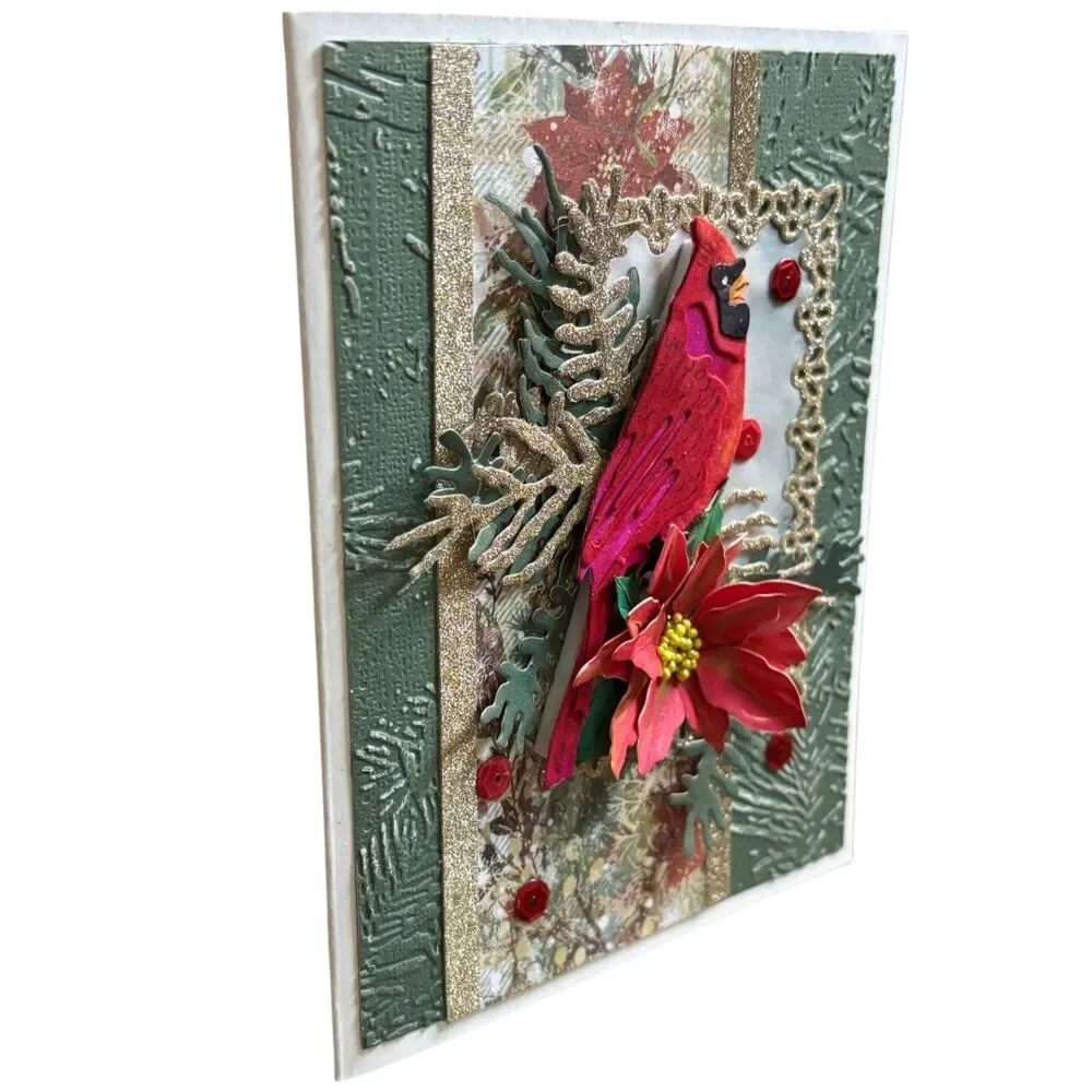 Handmade 3D Cardinal Christmas Card Gold Green Holiday Seasonal Greetings